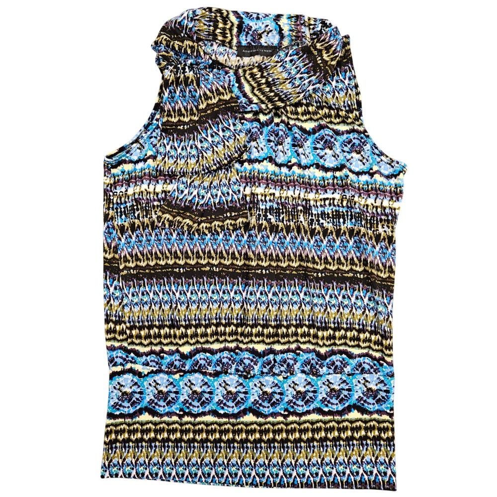 American City Wear Blue Yellow Ikat‎ Print Cowl Neck Side Tie Sleeveless Top